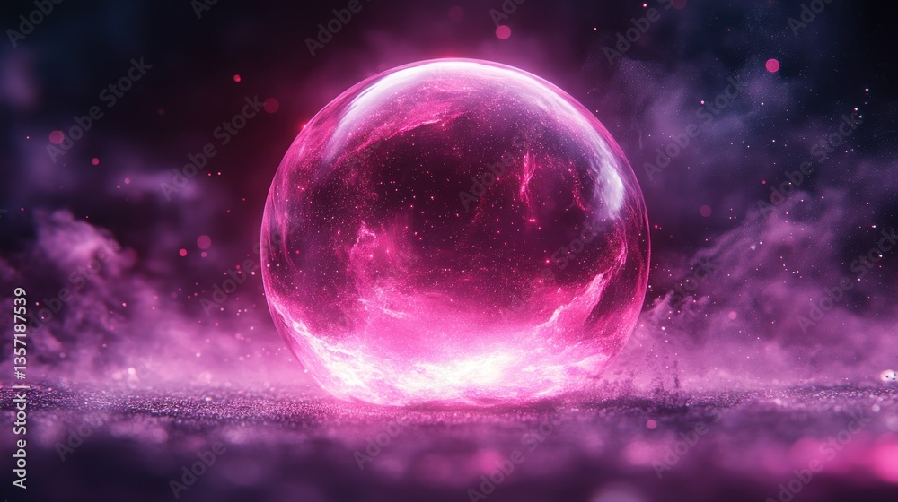 Fototapeta premium Glowing pink energy sphere on dark surface with smoke.