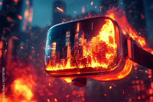 Futuristic virtual reality headset displaying a burning city skyline amidst fiery chaos