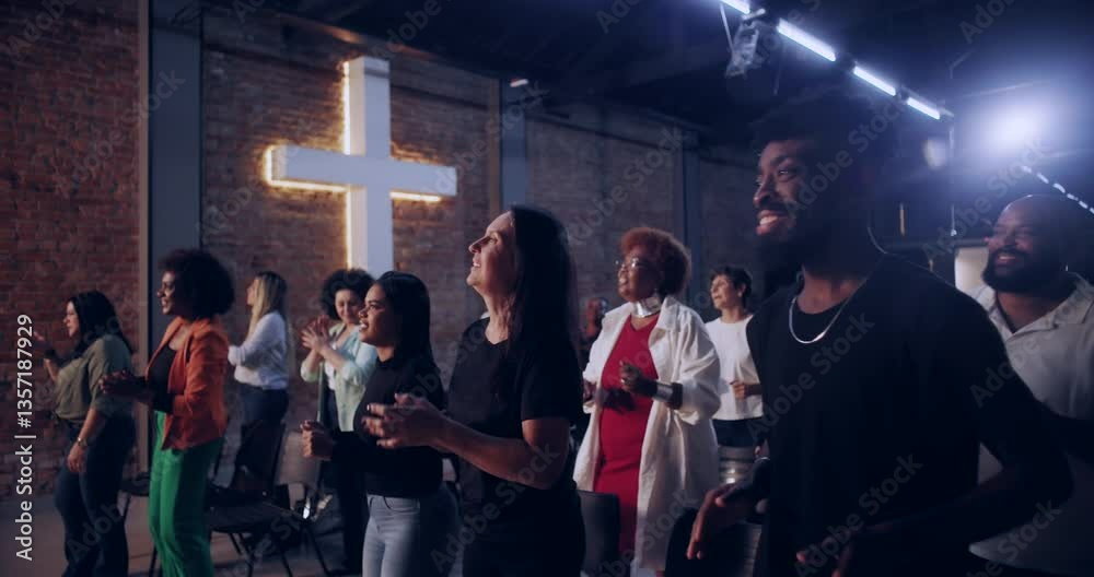 Multicultural congregation clapping and singing in church, illuminated cross in background, vibrant moment of shared faith, joy, and unity during worship