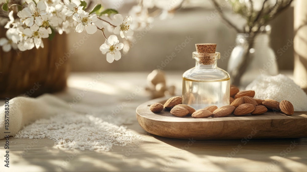 a bottle of essential oil and almonds displayed on a wooden tray. a bottle of essential oil and almonds displayed on a wooden tray.