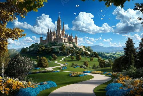 majestic castle sits atop hill in vibrant fairy tale landscape, surrounded by lush greenery and colorful flowers. sky is bright with fluffy clouds, creating serene atmosphere