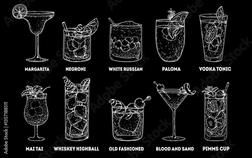 Alcoholic cocktails sketch. Hand drawn vector illustration. Cocktail glass set. Cognac, brandy, vodka, tequila, whiskey, champagne, wine cocktails.