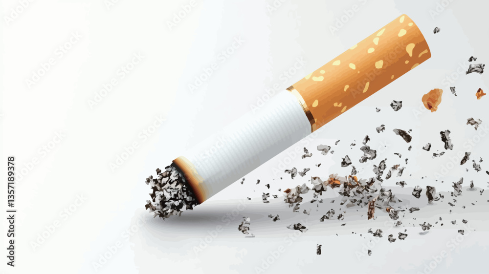 Close-up shot of a cigarette disintegrating or crumbling, with particles of ash and tobacco scattering across a plain white background. The cigarette is depicted at an angle, with the lit end