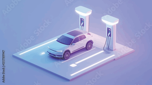 Isometric 3D rendering of a white electric vehicle parked at a charging station. The scene is set against a light purple background. The charging station is composed of two charging points with
