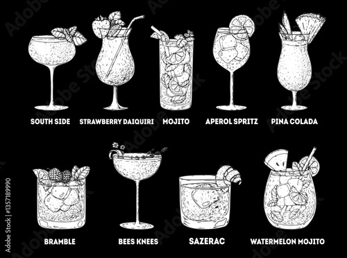 Alcoholic cocktails sketch. Hand drawn vector illustration. Cocktail glass set. Cognac, brandy, vodka, tequila, whiskey, champagne, wine cocktails.