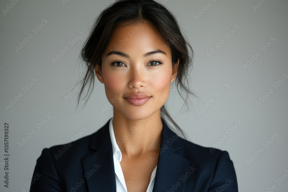 Portrait of a confident Asian businesswoman in a navy blue blazer, exuding professionalism and success. Portrait of a confident Asian businesswoman in a navy blue blazer, exuding professionalism and success.