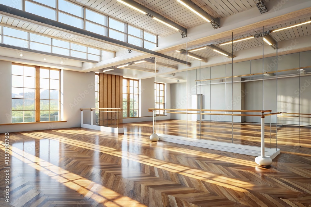 Bright Modern Dance Studio Interior with Wooden Floors and Large Mirrors - Stock Photo Bright Modern Dance Studio Interior with Wooden Floors and Large Mirrors - Stock Photo