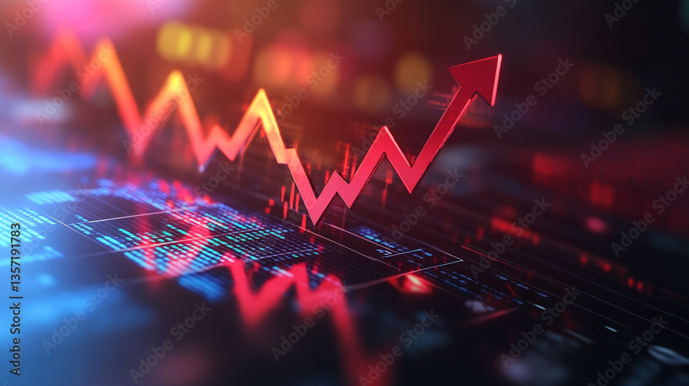 Fototapeta premium Red upward arrow over digital display showing financial data indicating market growth and success