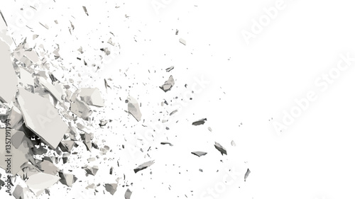 Close-up view of numerous small, irregularly shaped grey and white fragments dispersed against a white background.  The fragments appear to be airborne, suggesting an explosion or impact. The image