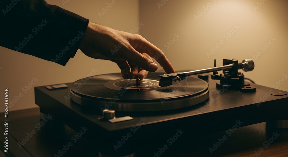 Obraz premium A Hand Adjusting a Vintage Turntable in a Cozy Setting