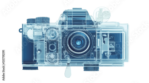 The image presents a stylized x-ray or transparent view of a DSLR camera. The camera's internal components are visible, showcasing its intricate mechanical structure. The overall color palette is