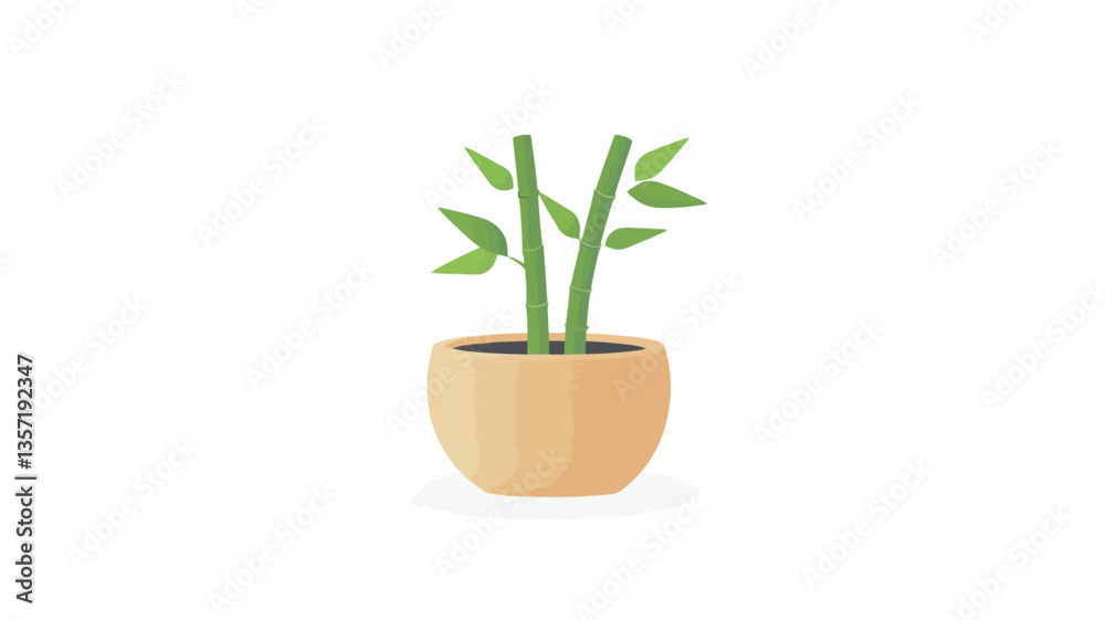 Fototapeta premium A digital illustration depicting a simple, minimalist rendering of a potted bamboo plant. The plant consists of three slender green stems with small, simple leaves. The pot is a light beige or tan