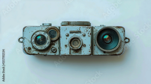 Top-down flatlay of a vintage 35mm film camera without a lens, showcasing the camera's design and texture. Ideal for photography, retro, or camera-related content isolated on white background.
