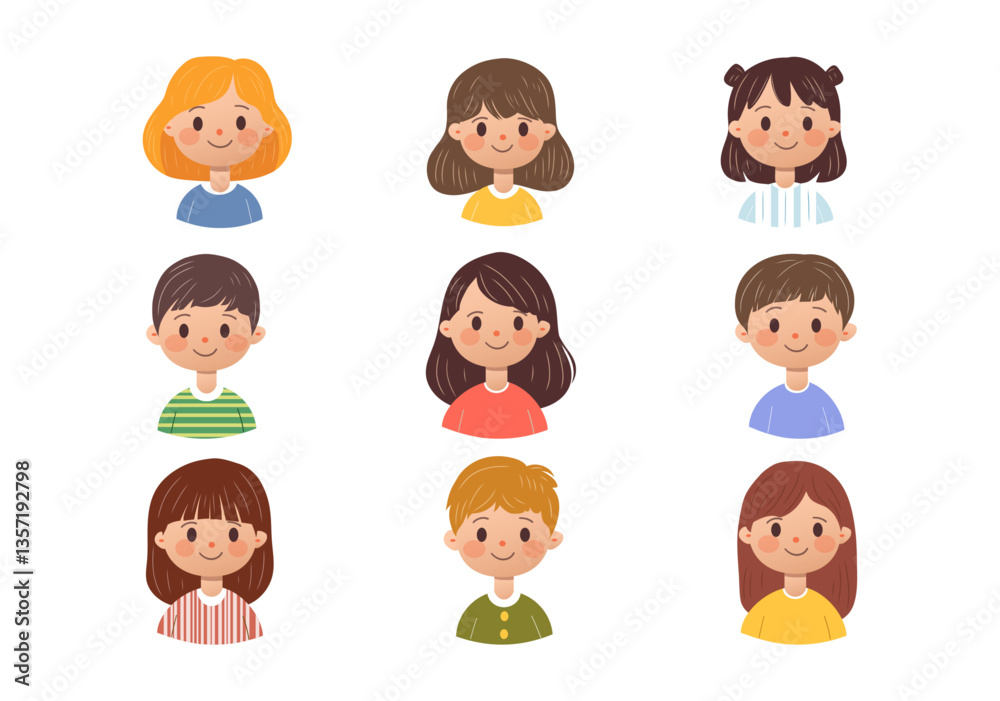 Diverse cartoon children faces with different hairstyles. Diverse cartoon children faces with different hairstyles.