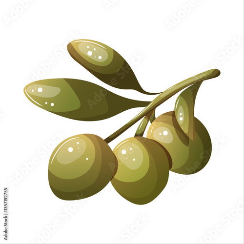 Realistic green olives cluster with glossy leaves.