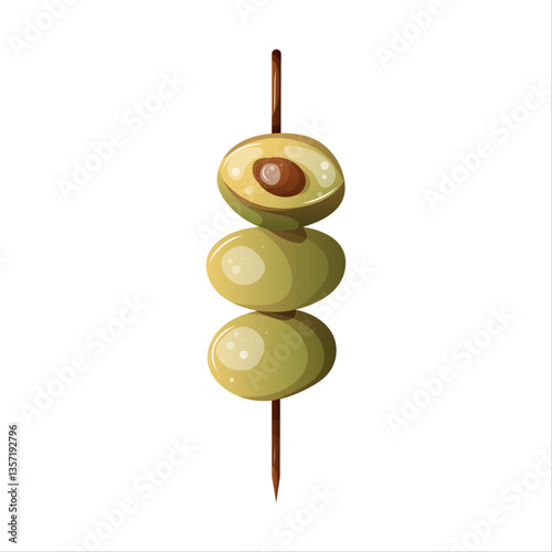 Skewer with three green olives stacked vertically.