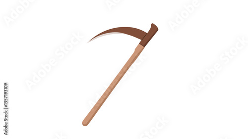A digital illustration of a scythe against a white background. The scythe is depicted in a side profile view and is composed of a long, light brown wooden handle and a curved, reddish-brown metal
