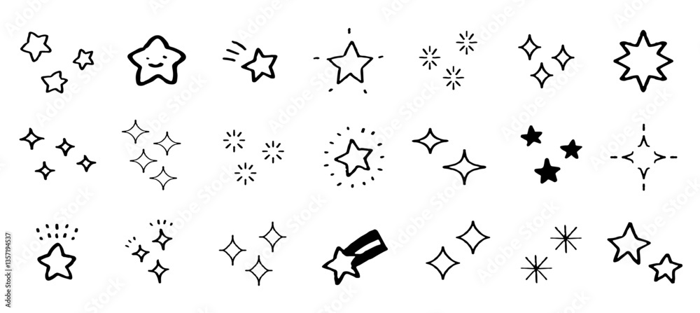Naklejka premium キラキラと光る星の輝き。手書きのアイコンベクターイラストセット。