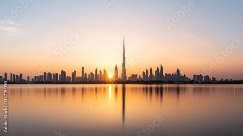 cityscape at sunset with the silhouette of tall buildings reflected in the water.