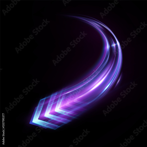 Bright appearance of neon light trace of arrow with movement of lines and glow. Futuristic design.