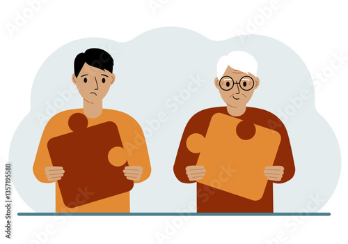Team metaphor. People putting puzzle pieces together. The concept of teamwork and cooperation. Business concept. Vector flat illustration