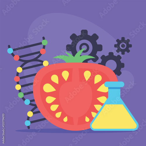 Artwork of vibrant tomato next to laboratory flask and DNA strand. Gears representing innovation in science. Genetic engineering in agriculture concept