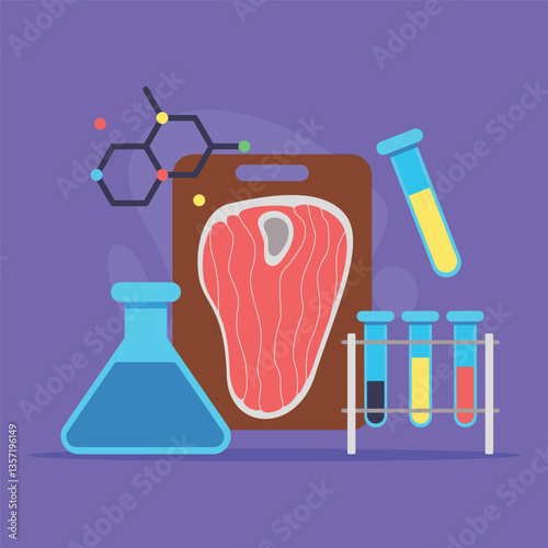 Colorful illustration of meat cut alongside various lab equipment symbolizing fusion of science and food technology. Advancements in food safety and sustainable practices concept