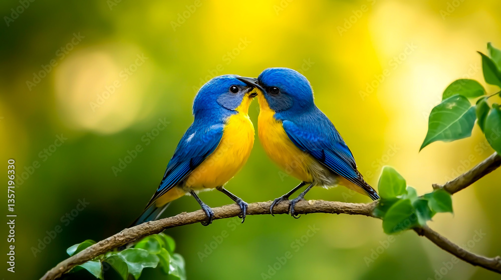 A pair of blue and yellow birds sitting on a branch, tenderly kissing each other A pair of blue and yellow birds sitting on a branch, tenderly kissing each other