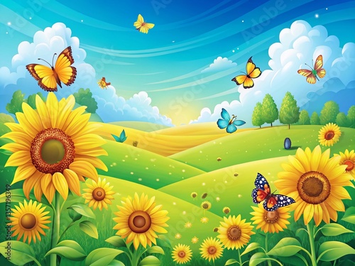 Happy August! Panoramic Summer Clipart - Sun, Flowers, and Fun