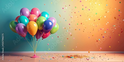 Happy Birthday! Colorful Balloons and Confetti Celebration Stock Photo