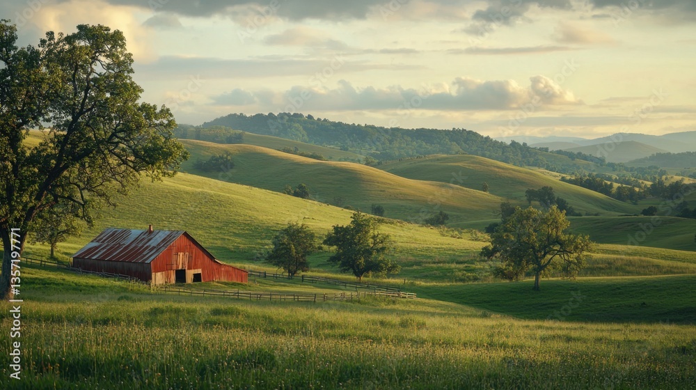 Scenic countryside vista featuring a rustic barn nestled amidst rolling green hills under a soft, cloudy sky, evoking a sense of tranquility. Scenic countryside vista featuring a rustic barn nestled amidst rolling green hills under a soft, cloudy sky, evoking a sense of tranquility.