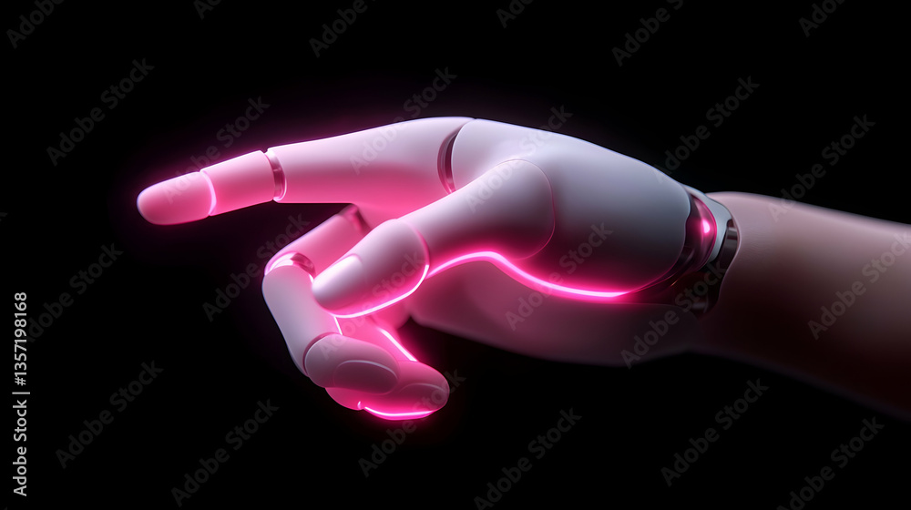 Obraz premium Cybernetic Hand with Pink Neon Lights in Futuristic Setting