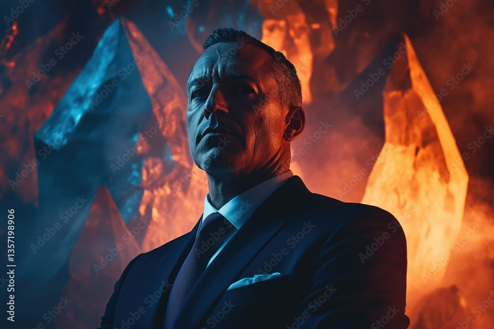 Fototapeta premium A man in a suit, dramatically lit against a fiery, crystalline backdrop. Powerful and mysterious.