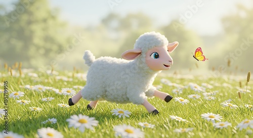 Lamb Running Through Field of Daisies Chasing a Yellow Butterfly in Nature