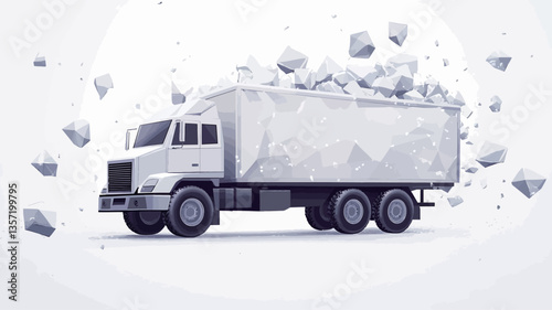 A digital illustration depicting a white low-poly style truck against a light grey background. The truck's body is composed of geometric shapes, giving it a fragmented appearance.  Grey polygonal