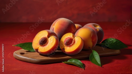 A tasty and vibrant image showcasing ripe, juicy peaches styled beautifully for food photography — ideal for summer, healthy eating, or organic produce themes.