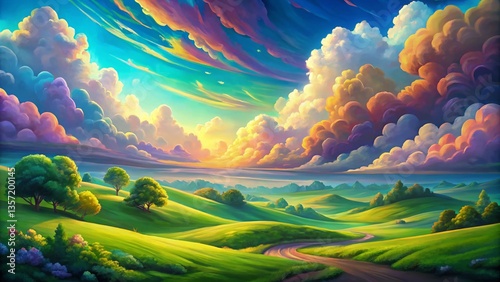 Cartoon Sky Landscape, whimsical clouds, vibrant colors, scenic hills, fantasy nature