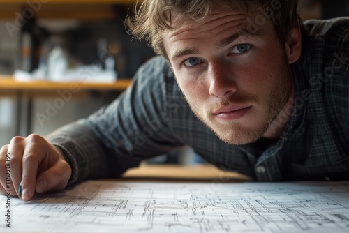 Young architect intently reviewing blueprints, focused on design details.