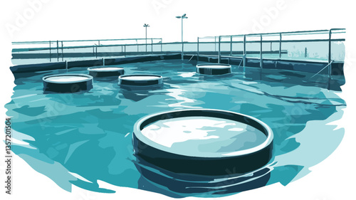 The image is an illustration depicting an outdoor aquaculture facility.  Multiple large, dark-colored, circular tanks are partially submerged in a body of water. The water is depicted in shades of