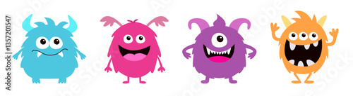 Monster set line. Kawaii cartoon funny character. Happy Halloween. Colorful silhouette monsters. Cute face with teeth, horns, eyes, hands. Childish baby collection. Flat design White background Vector