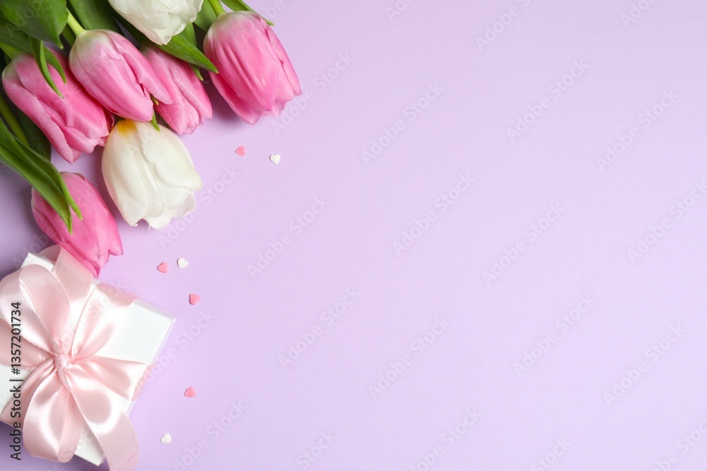 Fototapeta premium Happy Mother's day. Beautiful bouquet of fresh tulips with gift box on a colored background