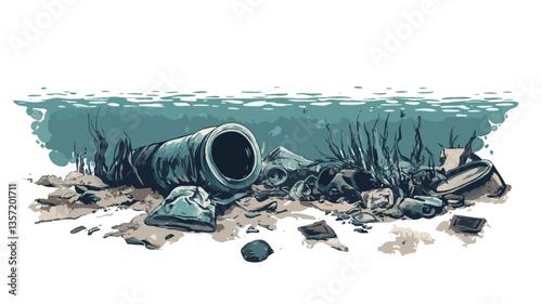 A stylized illustration depicting an underwater scene.  The illustration shows a large, dark-colored pipe partially buried in sand at the bottom of a body of water.  Surrounding the pipe are