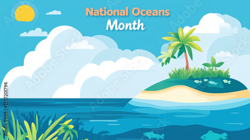 simple illustration, flat design, bold colors, small island in the ocean, cross secion view, text 