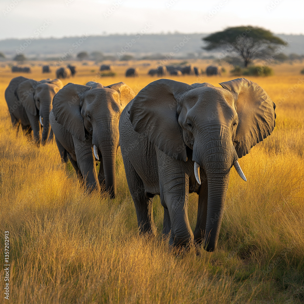 Fototapeta premium Herd of elephants walking across the savannah at sunset 