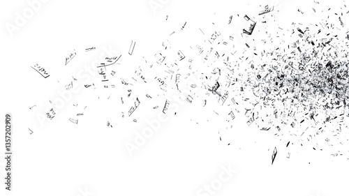 The image showcases a high-resolution, high-contrast depiction of numerous small, irregular black particles dispersed against a pure white background. The particles vary slightly in size and shape,