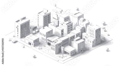 The image is a monochrome isometric illustration of a city.  The illustration uses a low-poly style with simple geometric shapes to represent buildings of varying heights and sizes.  The scene is