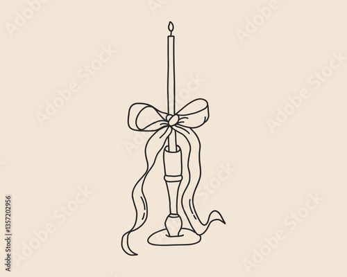 Hand drawn coquette candle with bow. Line art doodle sketch for Christmas, birthday, wedding design template. Vector outline illustration