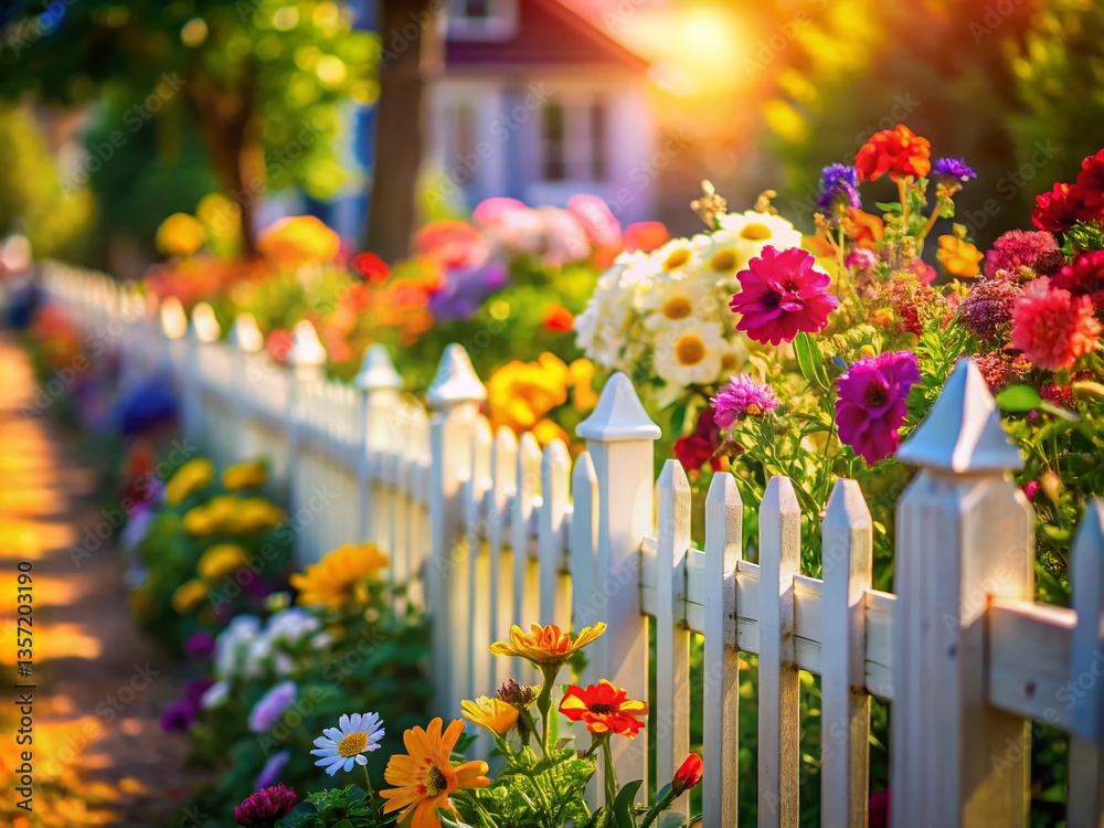 Fototapeta premium Charming Miniature Picket Fence with Blooming Flowers, Tilt-Shift Photography