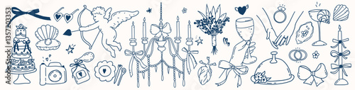 Set of line art wedding icon isolated. Whimsical coquette trendy hand drawn valentine doodle sketch. Vintage amore angel quirky bow, party menu, dinner card. Vector outline illustration