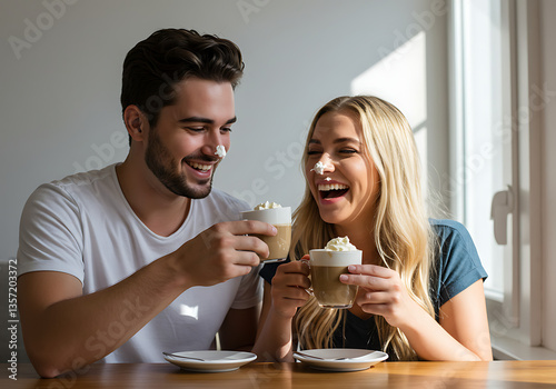 Una hermosa pareja joven con crema batida en la nariz y disfrutando del café vienés.